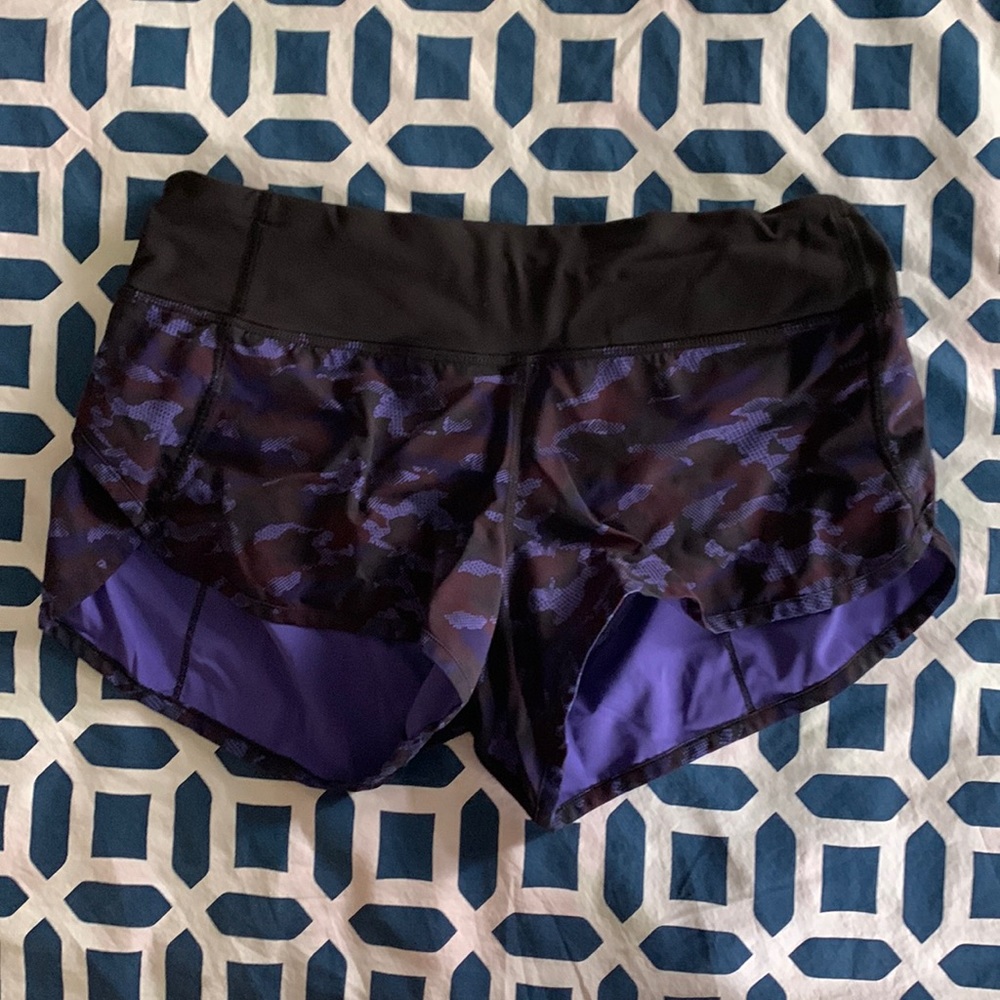 Lululemon speed up shorts, purple camo pattern, pocket in back